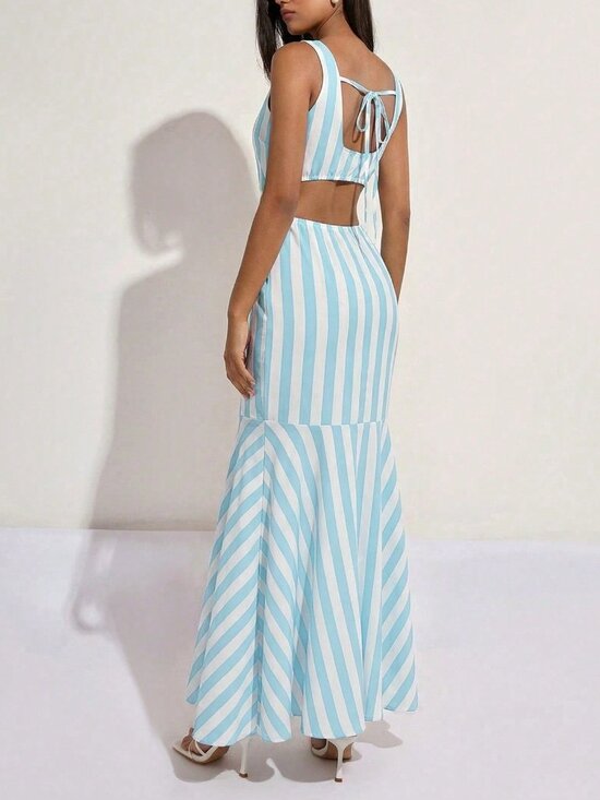 Casual Women's & Striped V-Neck Button detailed Waist Hollow Back Maxi Dress - Picture 2 of 6